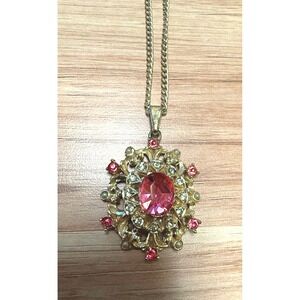 Vintage West Germany Gold Tone Ornate Pink Rhinestone Sunburst Necklace